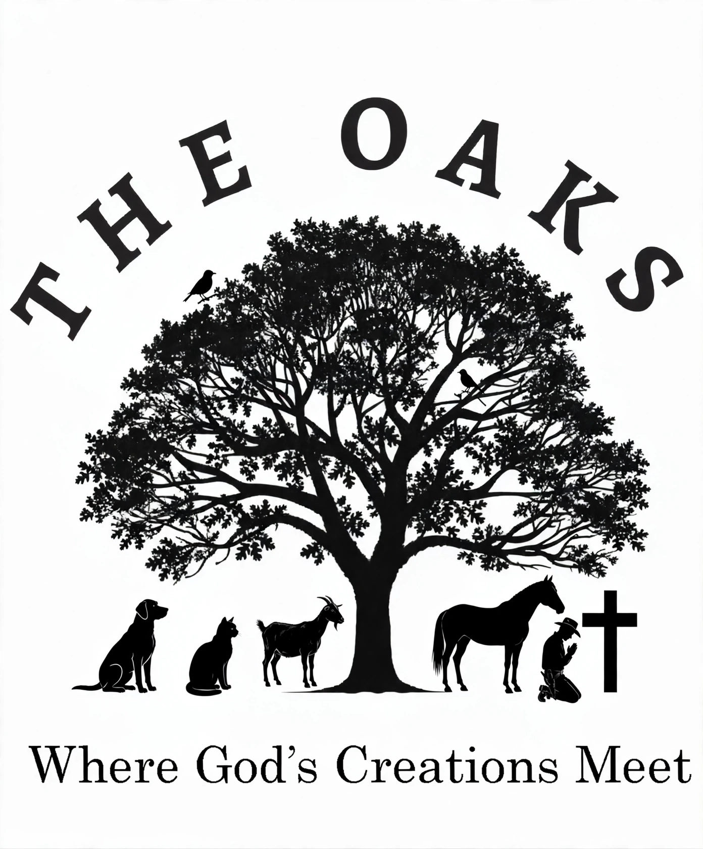 The Oaks Animal Ministry logo — a great oak tree with a dog, cat, goat, horse, and birds gathered beneath it, and a cowboy kneeling in prayer at a cross